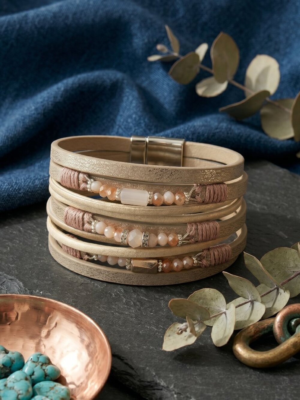 Vegan Leather Wrap Bracelet Champagne Multi Strand Beaded Magnetic Boho 7.5" - Picture 14 of 14